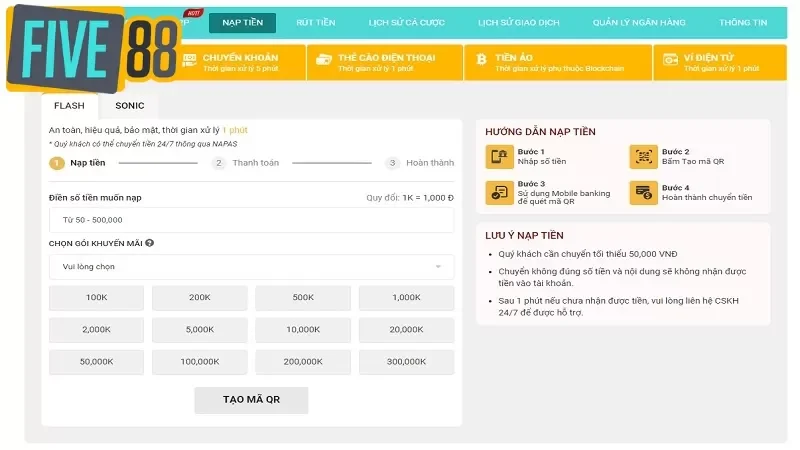 Hướng dẫn quy trình nạp tiền vào FIVE88